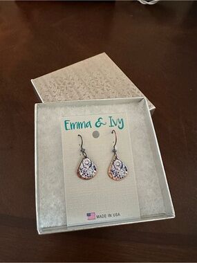 Blue Floral Teardrop Earrings with Rose Gold Trim